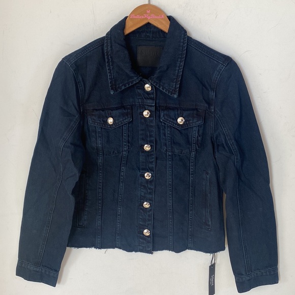 (A8) SILENT NEW YORK Women's Denim Jacket, raw hem in dark blue, size large, NWT - Picture 4 of 14